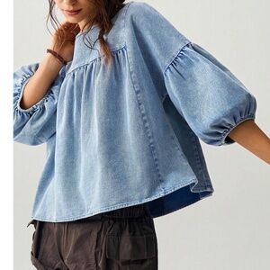 Solid Cotton 3/4 Bishop Sleeve Loose Fit Top